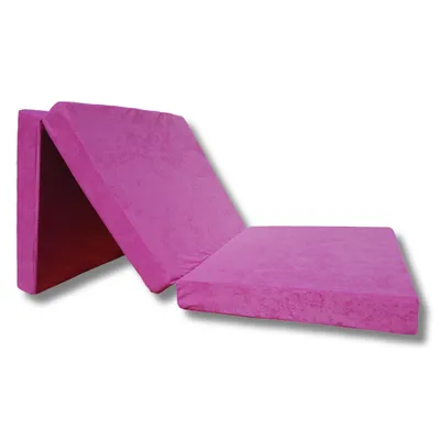 A pink foldable mattress shown in an unfurled state.