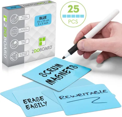 Produktbild von 2DOBOARD Beschreibbare Magnete - 7,5 x 7,5 cm Blau - 25 Stück - Kanban Magnete, Scrum Magnetische Karten oder Magnetstreifen beschreibbar für Whiteboard und Kühlschrank (Blau)