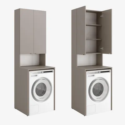 Two identical laundry cabinets with washing machines, one with closed doors and one with open doors, against a white background.