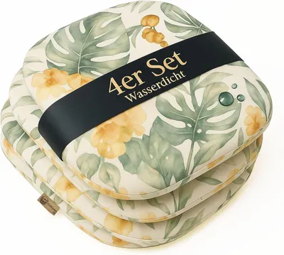 Produktbild von SILUK Sitzkissen Stuhlkissen 4er Set – Wasserdicht, Dick, Abnehmbarer Bezug mit Reißverschluss, Outdoor & Indoor (Weiße Blume)