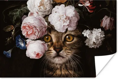 Produktbild von MuchoWow® Poster Katze - Blumen - Kunst 30x20 cm - Plakate - Print