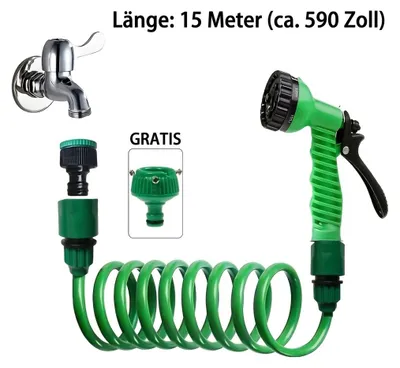 Produktbild von Garten-Spiralschlauch Set 15m inkl. 7-Stufen Multifunktions-Spritzpistole, Hochdruck, Leckagesicher, für Garten, Auto, Reinigung & Outdoor, grün