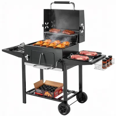 Immagine prodotto di Barbecue a Carbone a Rotelle con Griglia Regolabile e Ripiani Pieghevoli, in Acciaio e PP, 133.5x65x110 cm, Nero