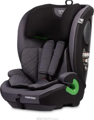 A studio shot of a gray and black child's car seat with green accents.
