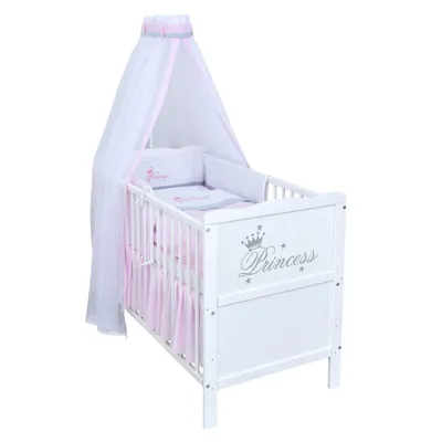 Produktbild von Baby-Delux Babybett Kinderbett Gitterbett Princess 60x120 Weiß inkl. 10-tlg Princess Bettwäsche Set Matratze, Beißschienen zum Schutz