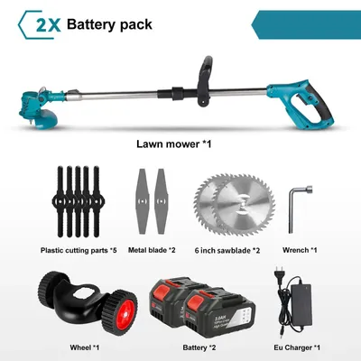 Zdjęcie produktu dla Akumulatorowa podkaszarka do trawy – elektryczna podkaszarka – szerokość cięcia 18 cm – bezszczotkowy silnik o mocy 1500 W – akumulator 18–21 V – składany uchwyt – akumulator PL-2, wtyczka UE