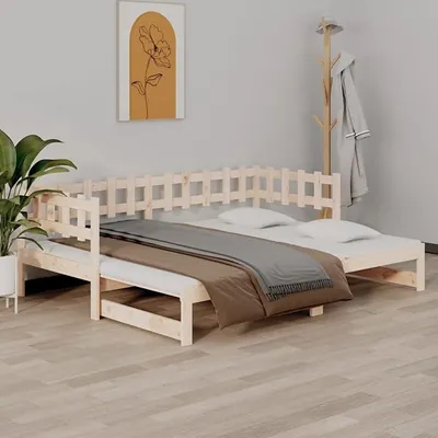 Image de Lit de jour, canapé convertible, lit d'appoint, canapé-lit, lit, canapé-lit, lit convertible, sommier à lattes, lit escamotable, lit en bois, structure de lit, 2 x (80x200) cm, bois massif, pin