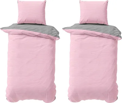 Produktbild von Baumwolle Bettwäsche 155x220 cm Rosa Grau gestreift Stripe Damast Bettbezug PolyBaumwolle Wendebettwäsche 4 teilig