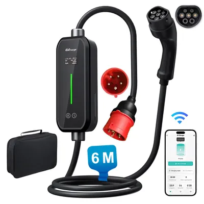 Image de Borne de recharge mobile 11 kW, 16 A, type 2, pour véhicules électriques, mode 2, avec application, câble de 6 mètres, écran de 1,77 pouces, prise CEE 16 A, réglable de 6 à 16 A, indice de protection IP65, sac de transport