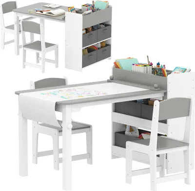 Image de AIYAPLAY Table enfant avec chaise, ensemble table et 2 chaises enfant en bois pour dessiner, jouer, étudier avec rouleau de papier, étagères de rangement et tiroirs, pour fille garçon 3-8 ans, gris
