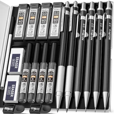 Obrázok produktu pre Sada mechanických ceruziek s puzdrom, kovové, hrúbka hrotu 0,3–2 mm, 6 kusov, čierna