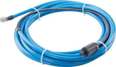 A coiled blue drain snake with a metal inner cable and a gray handle attachment.