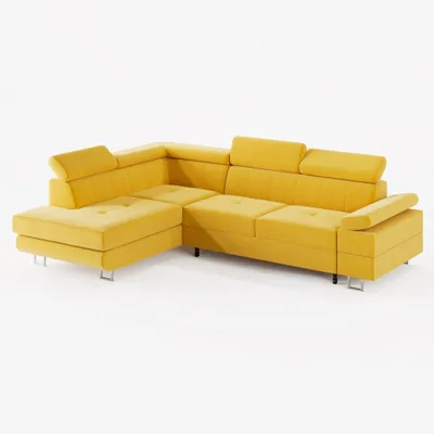 Image de CANAPÉ D'ANGLE CAROLINE (gauche) en velours jaune mat, avec fonction couchage et coffre de rangement