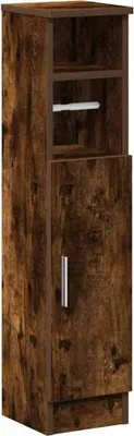 A tall, narrow bathroom cabinet with a wood-grain finish.