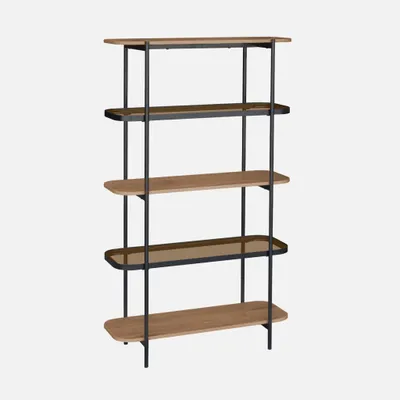 Immagine prodotto di Libreria in vetro, legno e metallo a 5 livelli, Marrone naturale