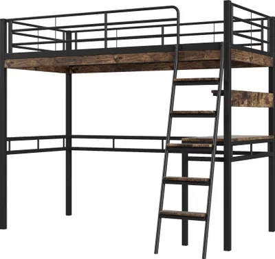 Produktbild von Hochbett mit Schreibtisch und Lattenrost, 90x200 cm, Metallbett mit Rausfallschutz, Jugendbett