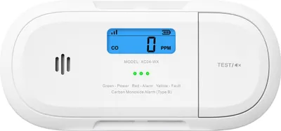 A white carbon monoxide detector is shown against a white background.