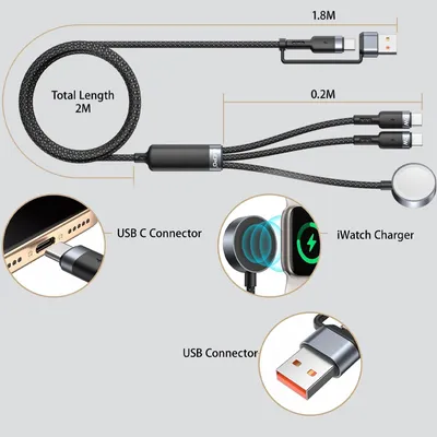 Produktbild von 3-in-1-Ladekabel mit Typ-C- und USB-A-Anschluss, unterstützt das Laden der Apple Watch, benutzerfreundlich, Schnellladekabel, 2 m