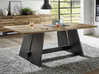 Produktbild von Esszimmertisch 180x90 Wangentisch Plankeneiche Schwarzstahl