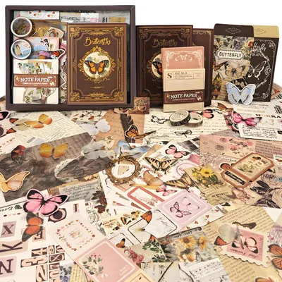 Zdjęcie produktu dla Zestaw do scrapbookingu, 394 elementy, akcesoria do tworzenia dzienników, notatników, naklejki w stylu vintage, zestaw do rękodzieła, dla nastolatków, kolor brązowy, motyw: motyle