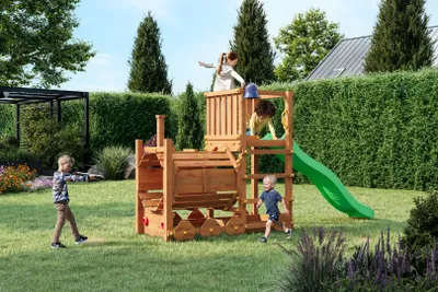 Produktbild von Fungoo Loco Spielturm mit Rutsche, Doppelschaukel, Kletterseil und großer Plattform