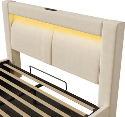 Produktbild von Flieks Hydraulisches Polsterbett 160x200cm mit USB- & Type-C-Ladeanschlüsse, Jugendbett Doppelbett mit Led, Stauraumbett Samt, Beige