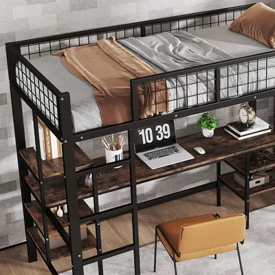 Obrázek produktu pro MODFU Patrová postel, Dětská postel, Jugendbett, Kovová postel, S stolem a regálem, S čtyřstupňovým žebříkem, černá+dřevěná barva, 90x200 cm, bez matrace