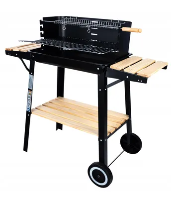A black charcoal grill with wooden shelves and wheels, presented on a white background.