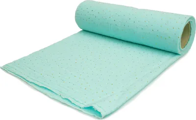 Obrázek produktu pro Bavlněná mušelínová tkanina, dvojitá gáza, Aqua se zlatými puntíky 50 x 130 cm