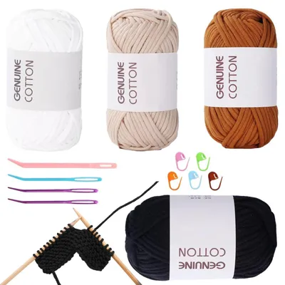 Image de Lot de 4 pelotes de fil à crocheter, composition coton-nylon, couleurs : blanc, beige, marron, noir, avec accessoires