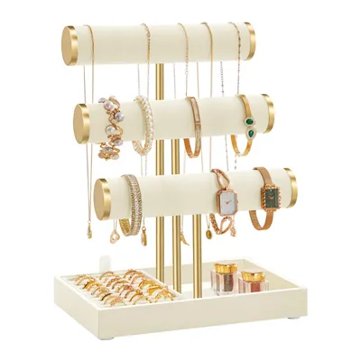 Produktbild von SONGMICS Schmuckhalter, Schmuckständer, 3 Armbandhalter, Schmuck-Organizer, mit Tablett aus Samt, mit Ringhalter, weiß-gold