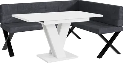 Produktbild von MEBLINI Eckbank für Esszimmer mit ausziehbarem Tisch  - Küchenbank - Essecke - Sitzecke Küche - PETER - X-Beine 128x168x87cm Rechts - Dunkelgrau Samt/M Weiß Matt