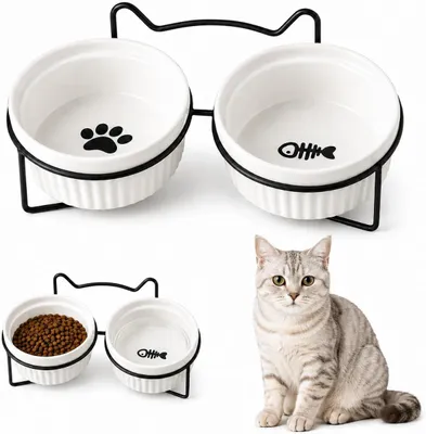 Produktbild von Erhöhte Katzenfutterschale 15° geneigt, Keramik Doppelnapf, 2 x 300 ml, für Katzen