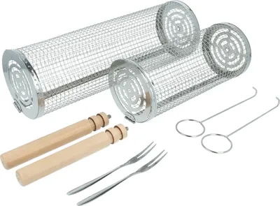Produktbild von vhbw 2x Rollgrillkorb Set aus Groß & Klein für Grills - Edelstahl, Holz, mit abnehmbarem Holzgriff
