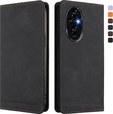Image de Etui pour Honor 200 Pro, étui rétro en cuirPolyuréthaneavec support et fentes pour cartes de crédit Noir