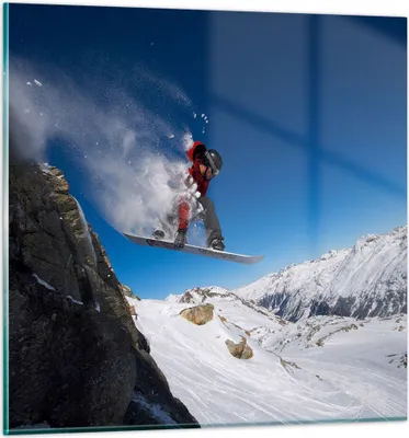 Produktbild von Bilder auf glas - Snowboard Winter Berg Gipfel - 70x70cm - Glasbilder - Wandbilder - Kunstdruck - zum Aufhängen bereit - Wanddekoration aus Glas - Glas Bilder - Wandbild auf Glas - GAC70x70-2236