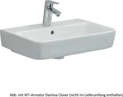 A white ceramic sink with a chrome faucet is shown against a white background.
