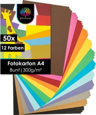Produktbild von OfficeTree 50x Tonkarton Bunt A4 300g/m² - 12 Farben - Bastelpapier - Fotokarton