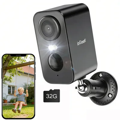 Image de ieGeek 2K caméra de surveillance extérieure batterie, caméra IP wifi vision nocturne couleur avec PIR, 32GB