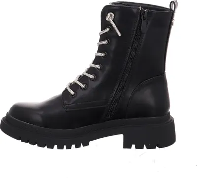 A black lace-up boot with a thick sole and decorative laces.