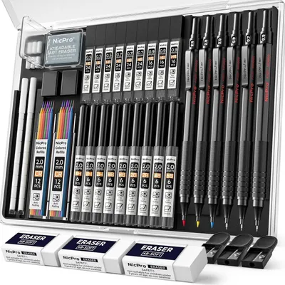 Produktbild von Druckbleistift Set 35 Teile Metall mit Etui, 0,5/0,7/0,9/2,0 mm Minen, farbige Minen, Zeichenbedarf