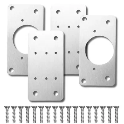 A set of four metal hinge repair plates and a row of screws on a white background.