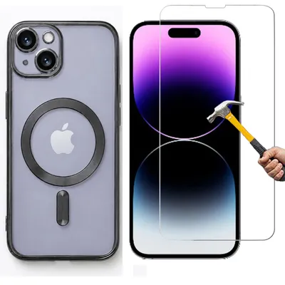 Produktbild von 2in1 Schutzglas + Schutzhülle für iPhone 14 mit Kameraschutz Magnetisch für MagSafe Ladegerät Panzerglas Hülle Cover Silikonhülle Schwarz