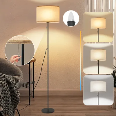 Produktbild von ZMH Stehlampen Wohnzimmer Dimmbar Stoff Vintage Stehleuchte LED Standleuchte 136cm Standlampe Beige Lampenschirm 3000K-6500K Seilzugschalter Retro