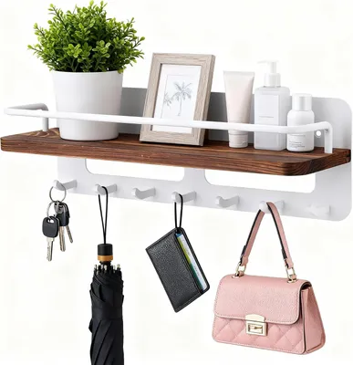 Image de Porte-clés en bois avec étagère et 7 crochets, en acier et bois, idéal pour l'entrée et le salon
