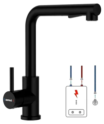 Produktbild von Schwarzer Niederdruck Wasserhahn für die Küche, Ausziehbare Armatur mit 3 Anschlüssen, 2 Strahlarten, 360° drehbar, L-förmige Spültischarmatur für Boiler