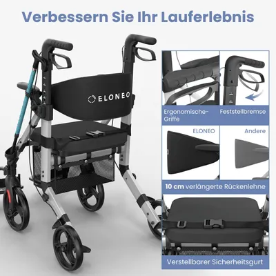 Produktbild von ELONEO 2in1 Rollstuhl Rollator faltbar und leicht mit Sitz, Outdoor Rollator Rollstuhl faltbar, Aluminium Gehhilfe für Senioren - Silber