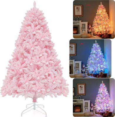 COSTWAY 180 cm Weihnachtsbaum Künstlich Rosa, Tannenbaum LED mit Schnee, 8 Lichtmodi, Christbaum mit bunten Lichtern & Metallständer, beleuchteter Festtagsbaum für Zuhause Büro Geschäfte, Pink