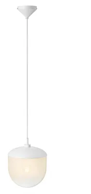 A white pendant light with a frosted glass shade hangs from a white cord against a white background.