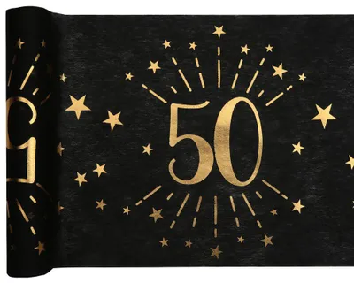 Image de Chemin de table Anniversaire, 30cm x 5m, Age:50, Choix de couleur:noir-doré